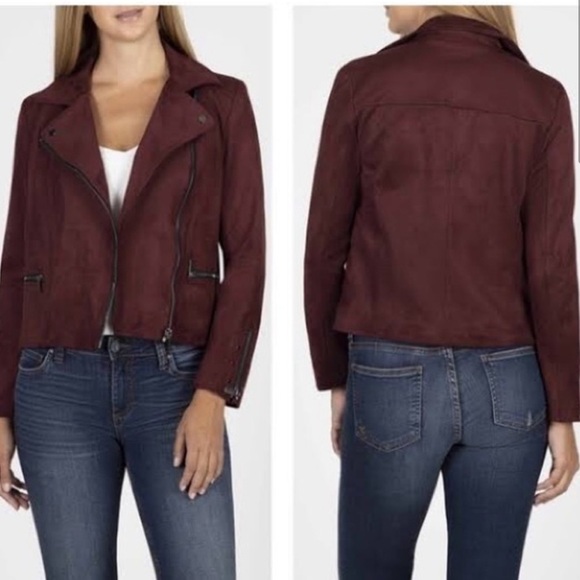 KUT Eveline Vegan Suede Moto Jacket Raisin Maroon Zip XS NWT - Picture 4 of 8